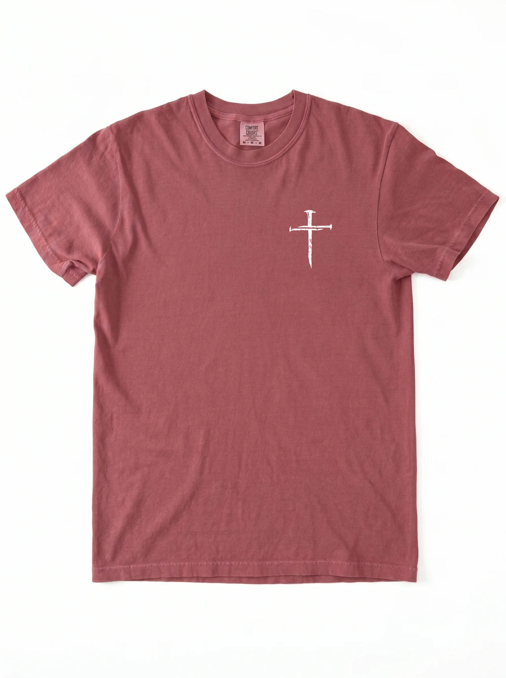 A short-sleeve crewneck t-shirt in a dusty rose or mauve color, featuring a small white graphic of on the left chest, laid flat against a white background.