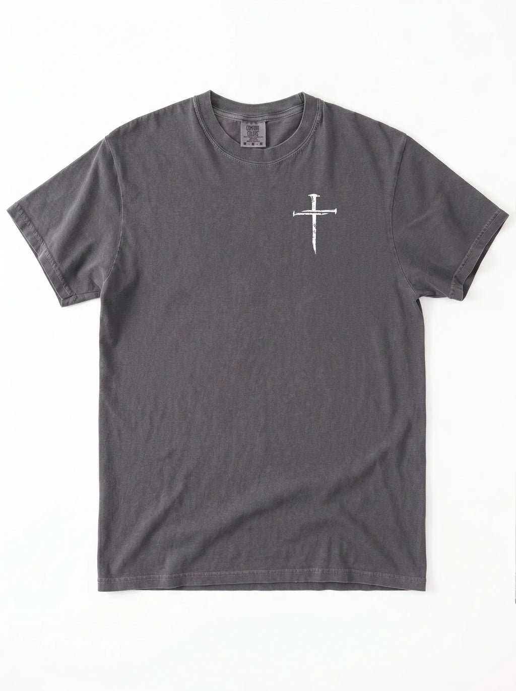 A dark gray crewneck t-shirt with a small white graphic of a cross on the left chest, displayed flat against a white background.