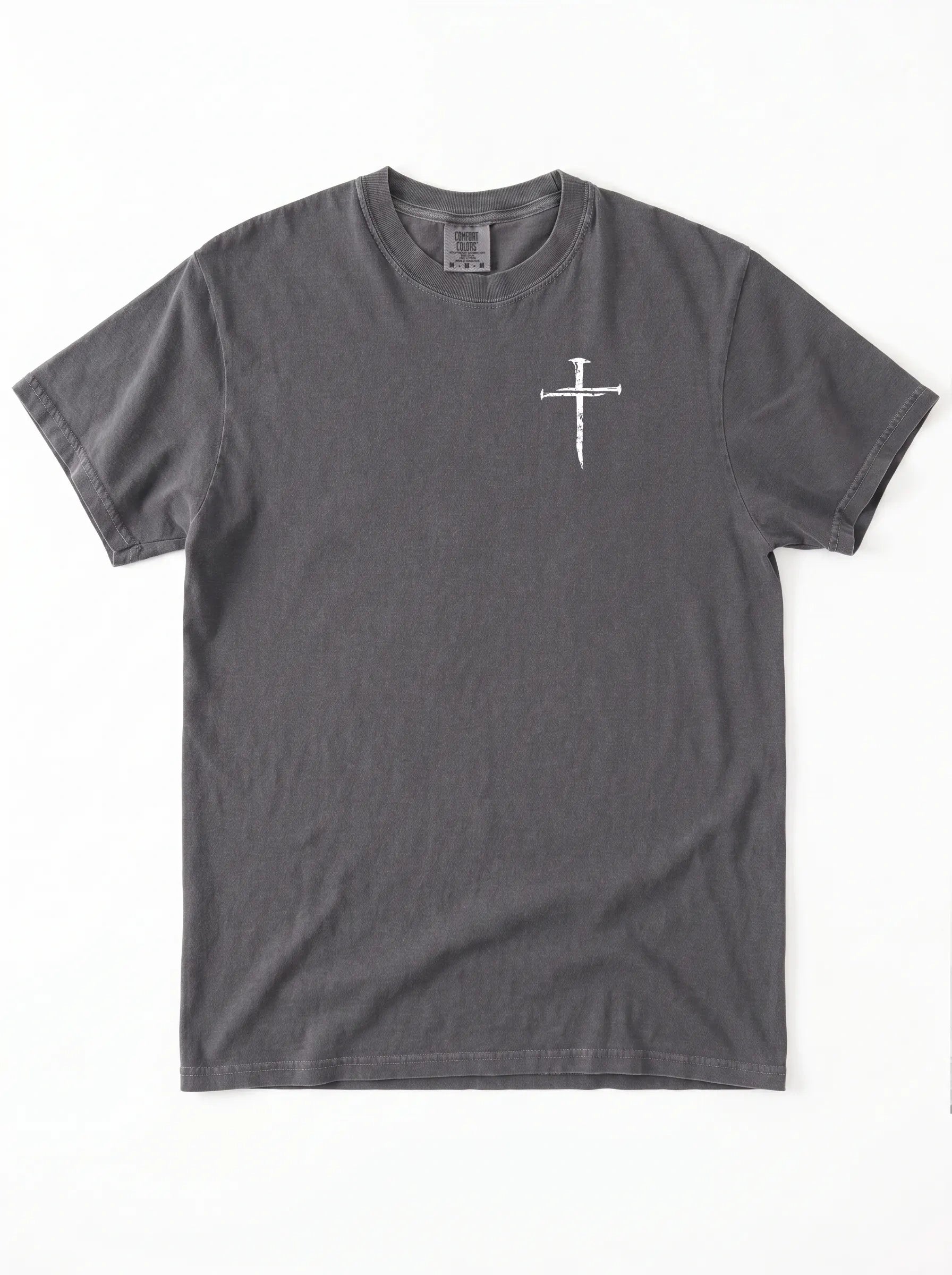 A dark gray crewneck t-shirt with a small white graphic of a cross on the left chest, displayed flat against a white background.