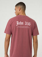 A man wearing a dusty rose short-sleeve t-shirt, viewed from the back. The shirt features a 'John 3:16' printed in white Gothic font on the back.