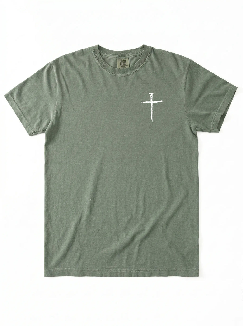 An olive green short-sleeve t-shirt with a small white nail-and-sword graphic printed on the left chest, displayed flat against a white background.