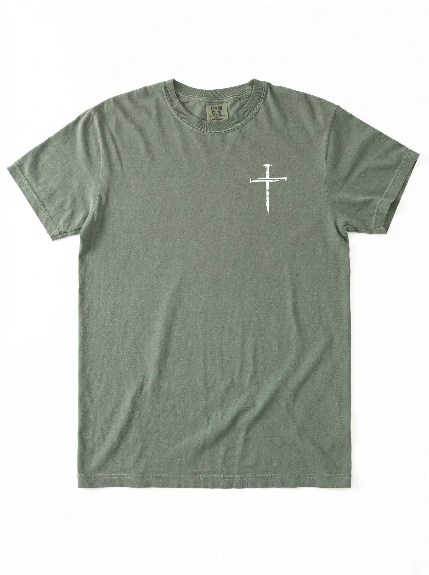 An olive green short-sleeve t-shirt with a small white nail-and-sword graphic printed on the left chest, displayed flat against a white background.