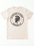 A light beige crewneck t-shirt shown from the back, featuring a large distressed black circular graphic with a Spartan helmet and the text 'SAVATION & SPIRIT' and 'EPHESIANS 6:17'.