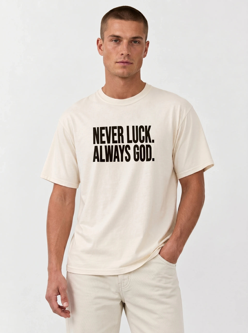 Person wearing a cream T-shirt with black text reading “Never luck. Always God.”