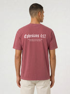 A man viewed from the back wearing a heathered dusty rose t-shirt with 'Ephesians 6:17' and smaller text underneath, paired with off-white trousers, against a light gray studio background.