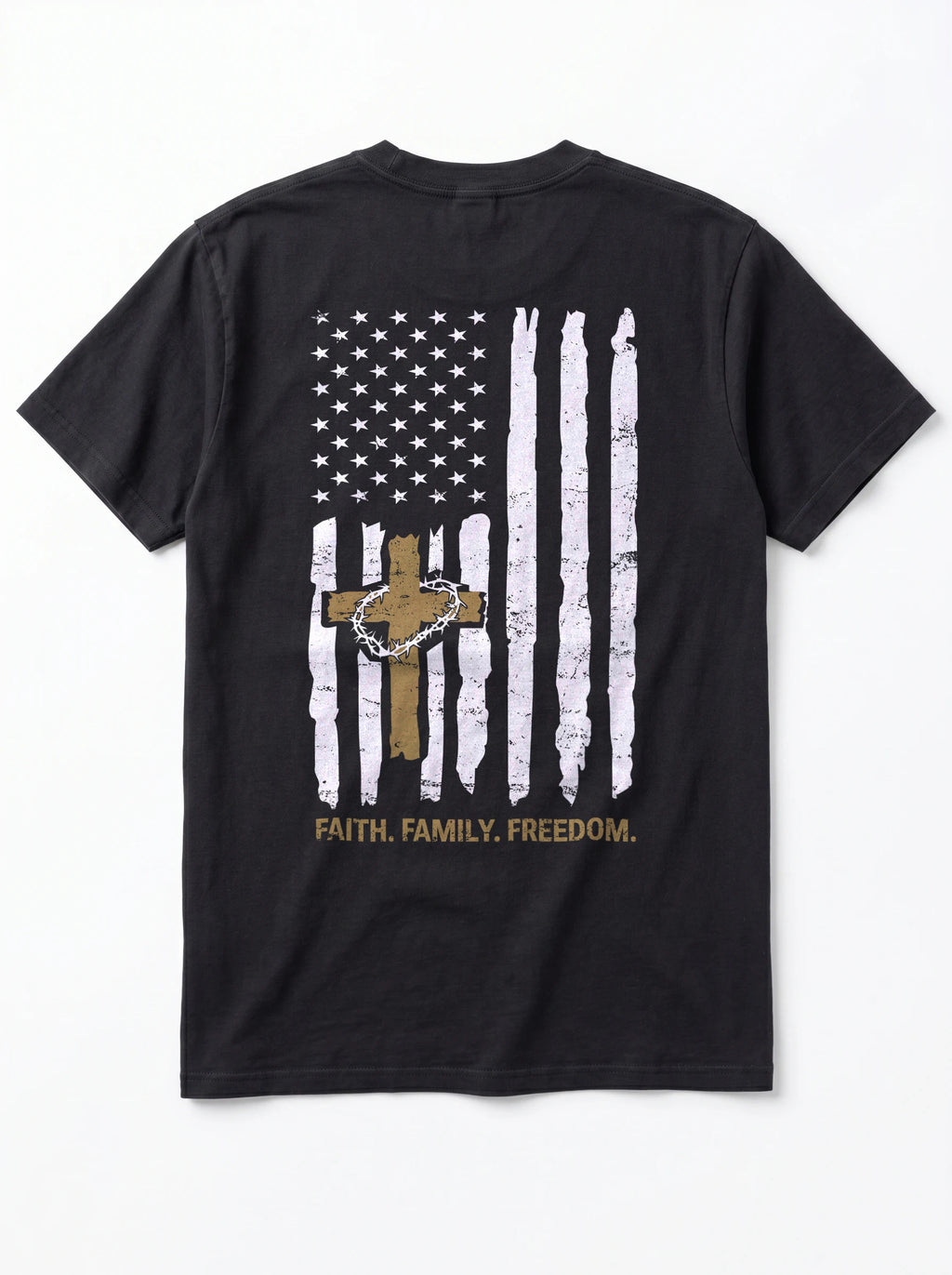 A black short-sleeve t-shirt shown from the back, featuring a distressed white American flag graphic with a brown cross and a gold chain link design in the center, and the text 'FAITH, FAMILY, FREEDOM.' printed below in gold.
