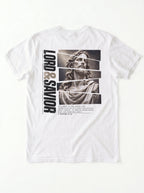 White T-shirt laid flat with a grayscale Jesus graphic, vertical “Lord & Savior” text, and the verse 2 Peter 3:18.