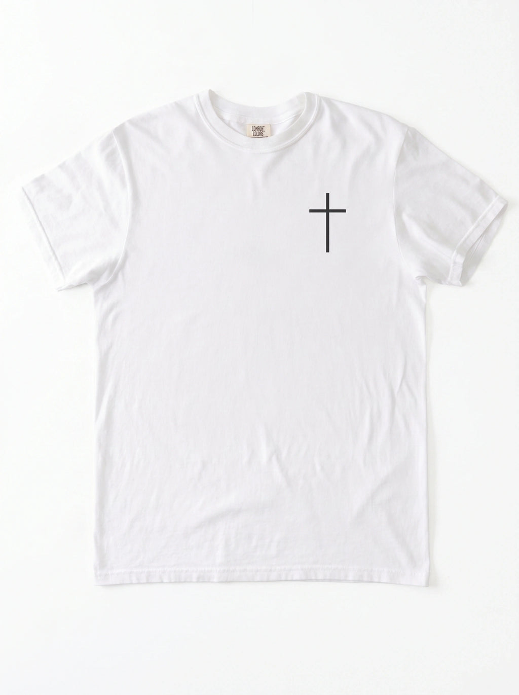 A white short-sleeve crewneck t-shirt with a small black Christian cross printed on the left chest, displayed flat against a clean white background.