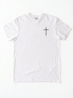 A white short-sleeve crewneck t-shirt with a small black Christian cross printed on the left chest, displayed flat against a clean white background.