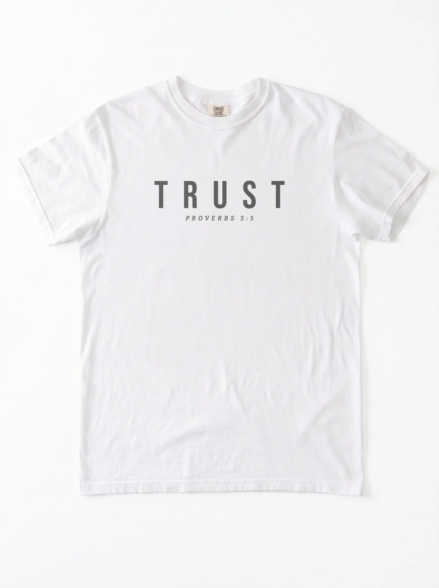 A white short-sleeve crewneck t-shirt with the word 'TRUST' printed in dark gray block letters on the chest, with 'PROVERBS 3:5' printed underneath in smaller text.