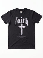 Black T-shirt laid flat with “faith,” a large cross, and “1 Corinthians 16:13 — Be watchful. Stand firm in the faith. Be strong.”