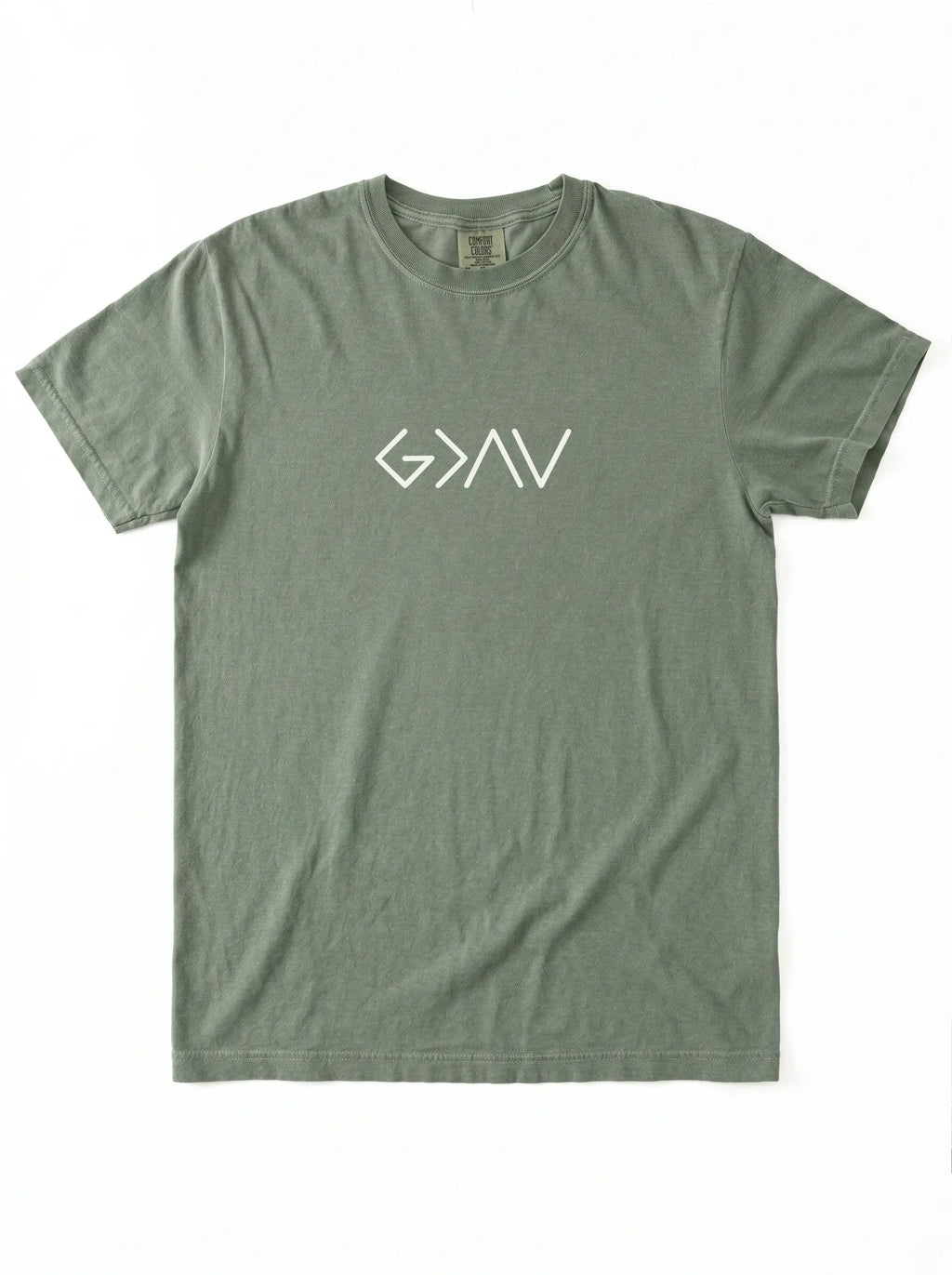 An olive green crewneck t-shirt with a white stylized 'God Is Greater Than Highs and Lows' logo printed across the chest, displayed flat against a white background.