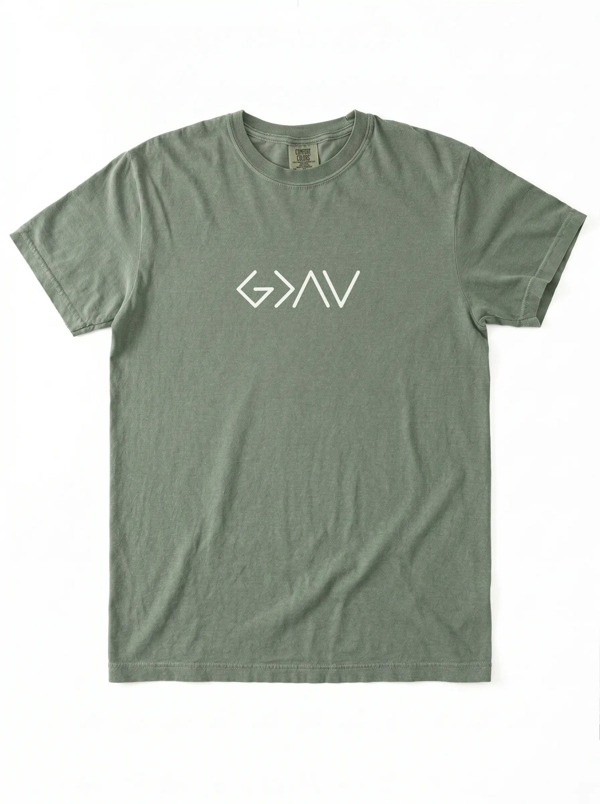An olive green crewneck t-shirt with a white stylized 'God Is Greater Than Highs and Lows' logo printed across the chest, displayed flat against a white background.