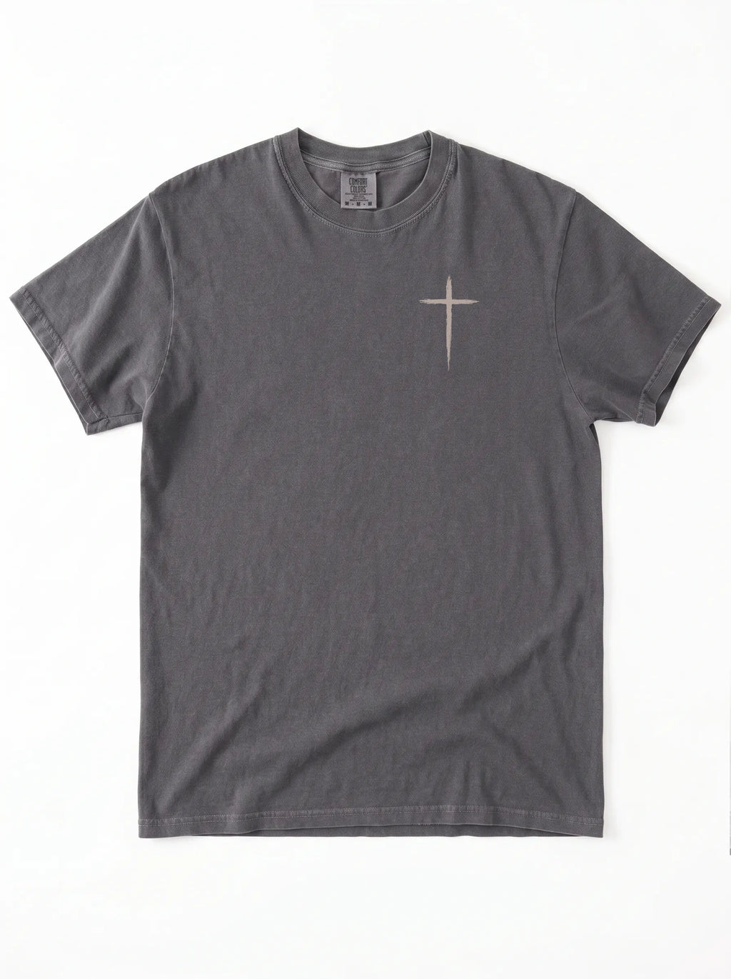 A dark gray crewneck t-shirt with cross printed in beige on the chest, laid flat against a white background.