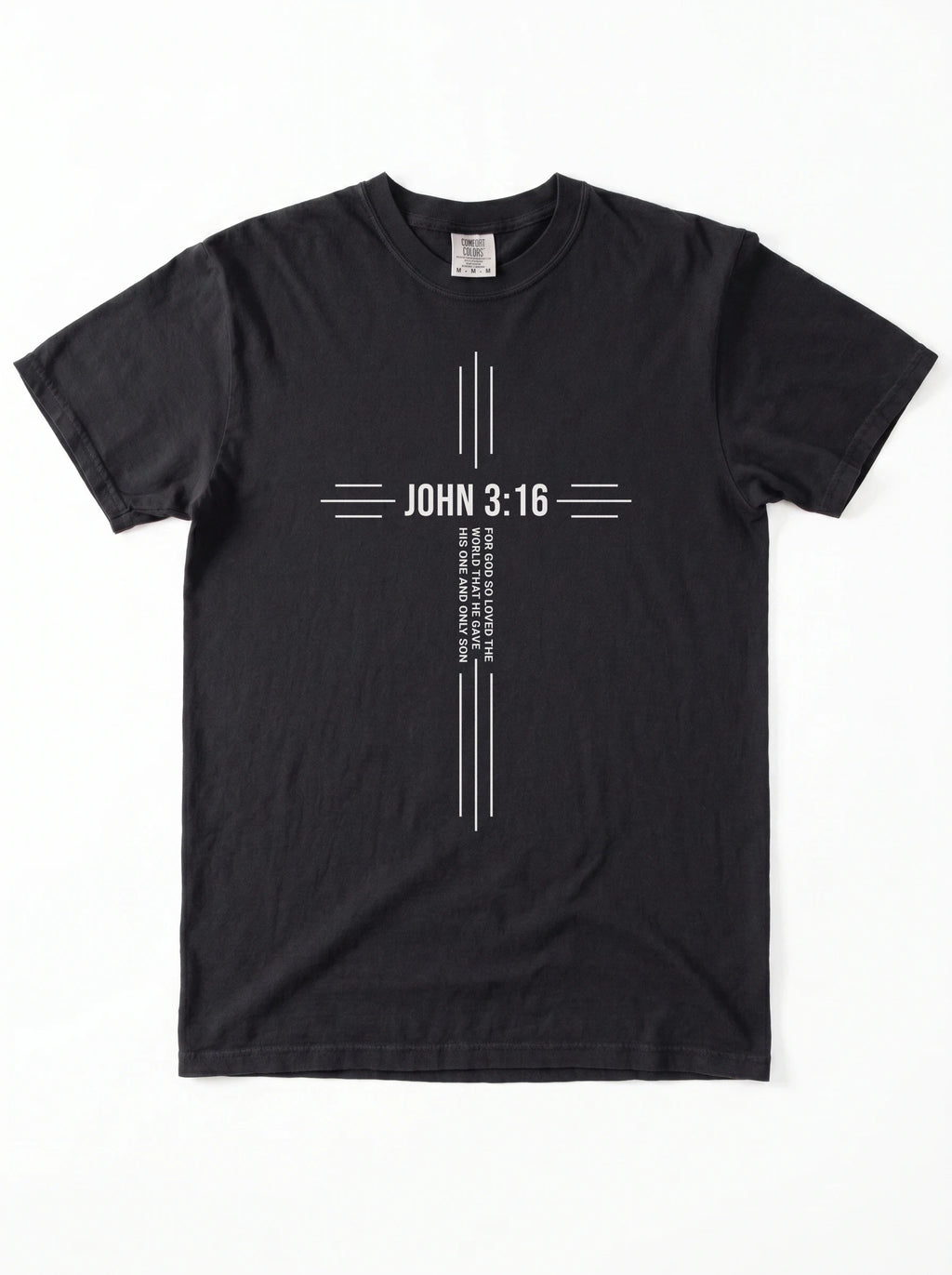 Black T-shirt with a white cross design reading “John 3:16” and “For God so loved the world that he gave his one and only son.”