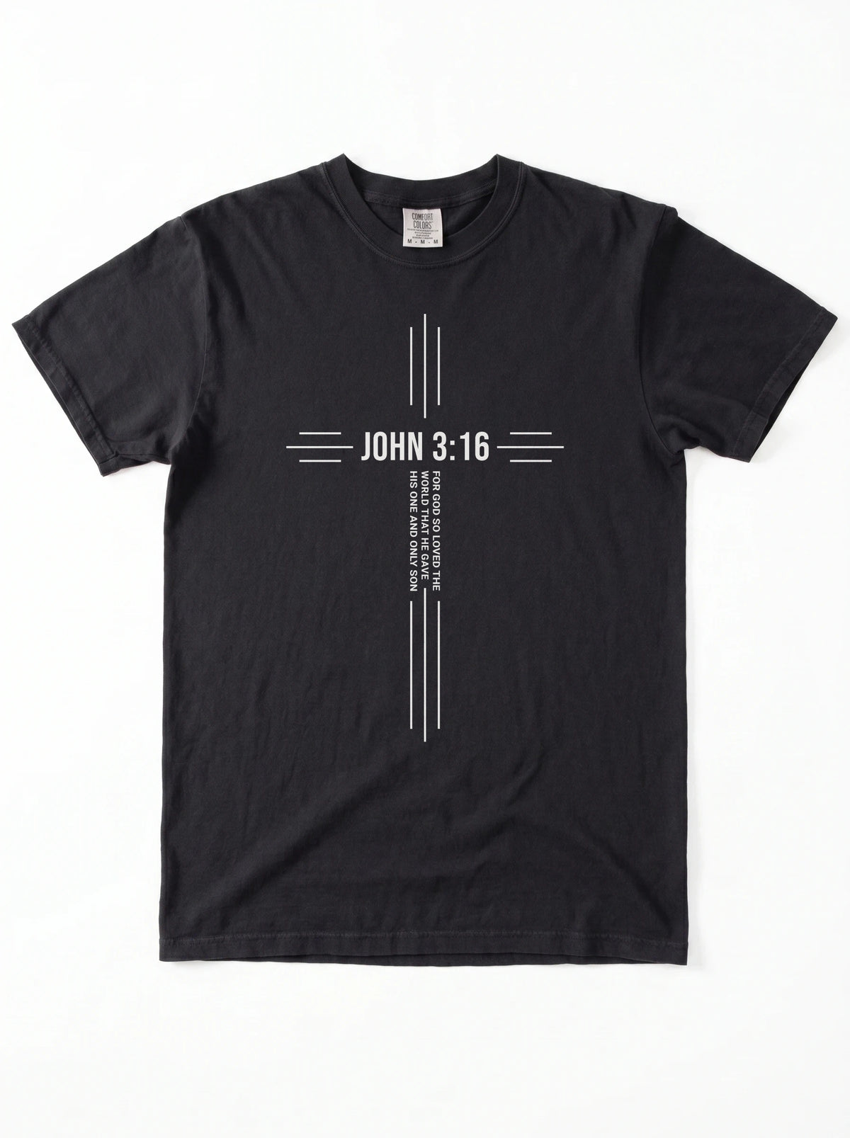 Black T-shirt with a white cross design reading “John 3:16” and “For God so loved the world that he gave his one and only son.”