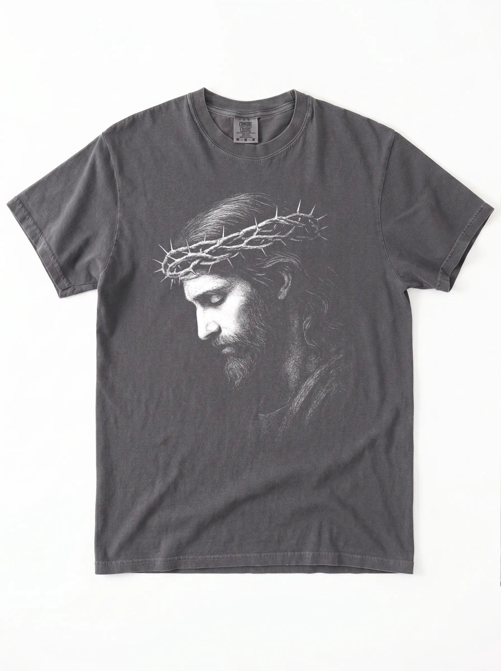 A dark gray crewneck t-shirt featuring a black and white graphic print of Jesus Christ wearing a crown of thorns, shown flat against a white background.