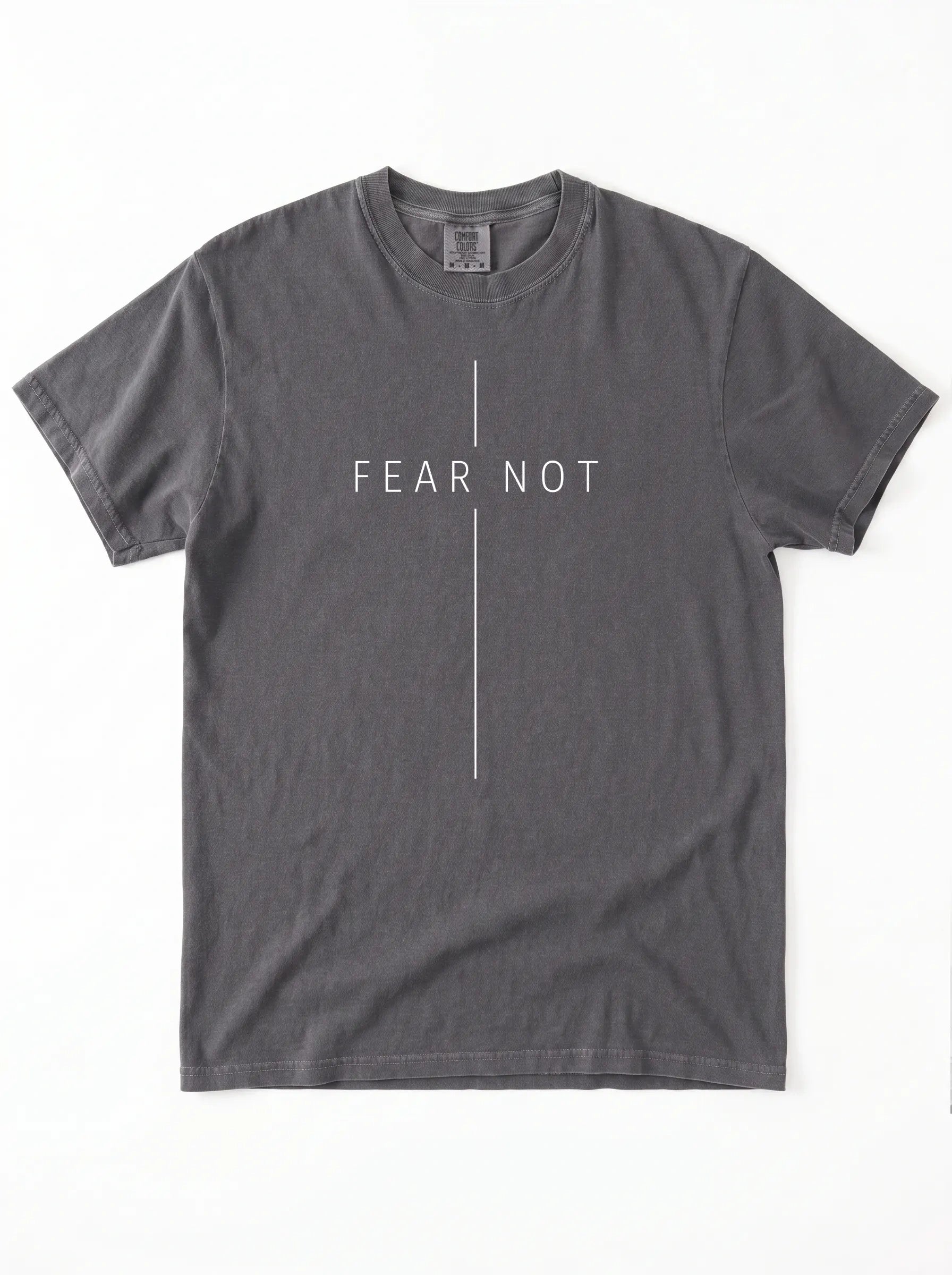 A dark gray crewneck t-shirt with 'FEAR NOT' printed in white across the chest, divided by a vertical line, on a plain white background.