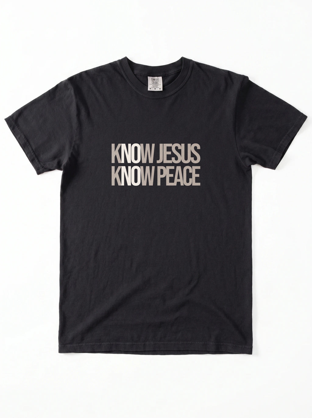 A black short-sleeve crewneck t-shirt with the text 'KNOW JESUS KNOW PEACE' printed in a distressed beige font across the chest, displayed flat against a white background.