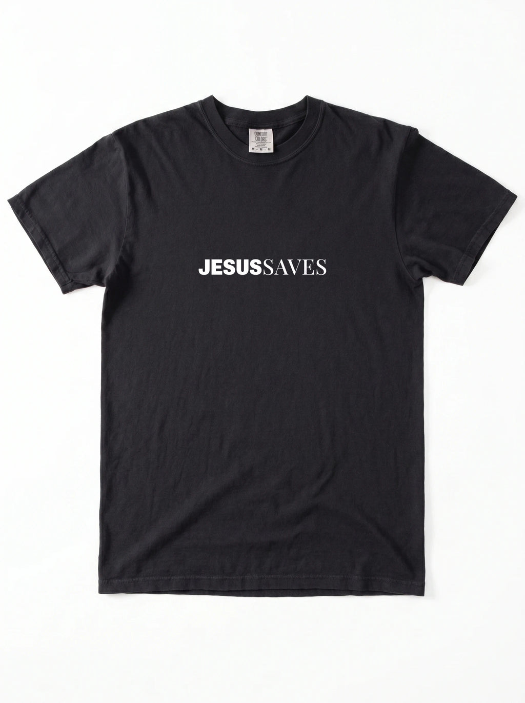 Black T-shirt laid flat with white chest text reading “Jesus Saves.”