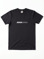 Black T-shirt laid flat with white chest text reading “Jesus Saves.”