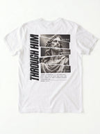 Back of a white T-shirt laid flat with a grayscale Jesus graphic, “Through Him,” “The Way, The Truth, And The Life,” and John 14:6 text.