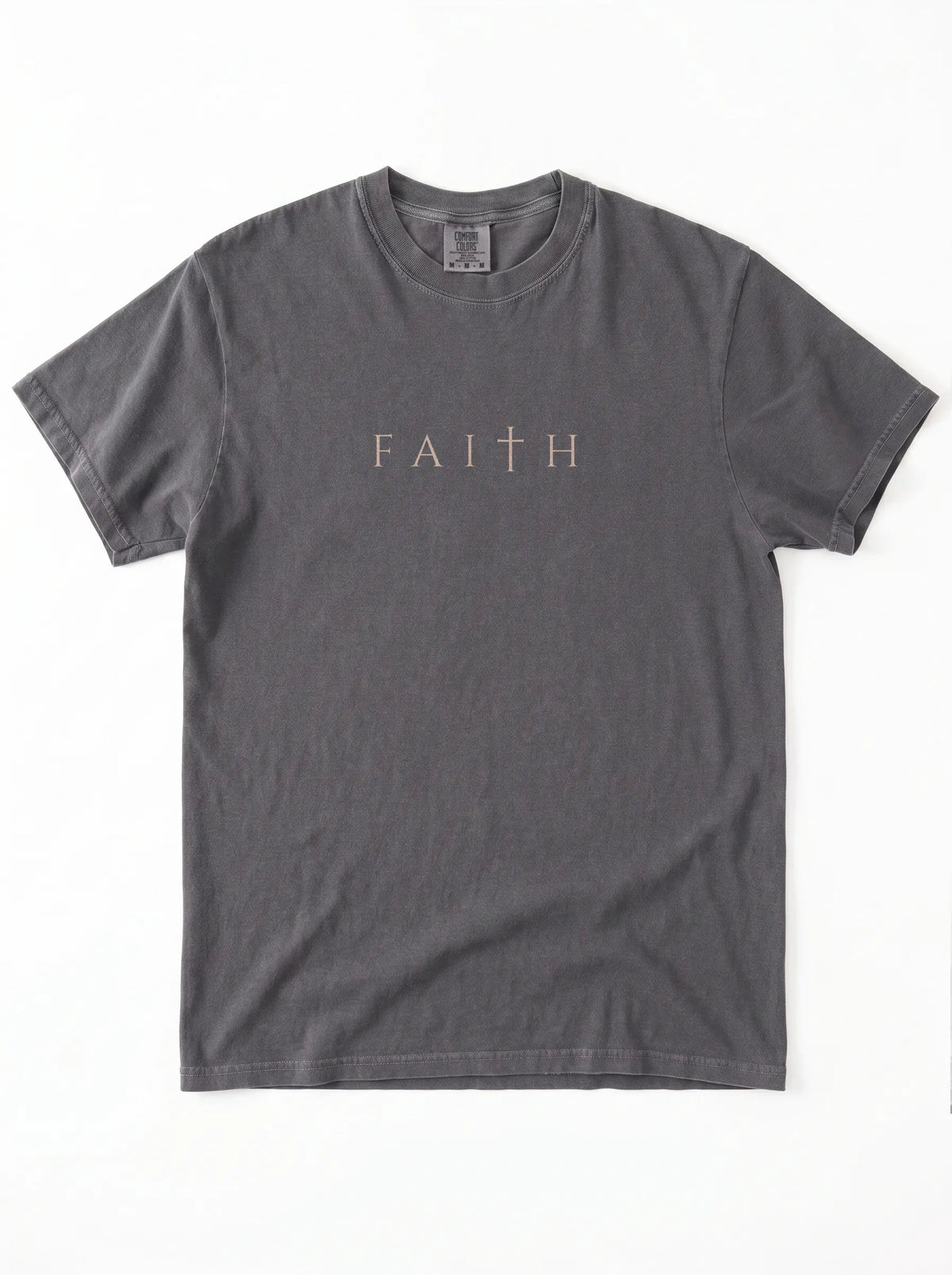 Flat lay of dark gray Comfort Colors 1717 t-shirt with Faith cross graphic print
