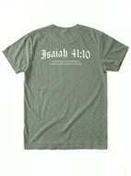 An olive green short-sleeve t-shirt shown from the back, featuring the text 'Isaiah 41:10' printed in a white gothic font with smaller text underneath.