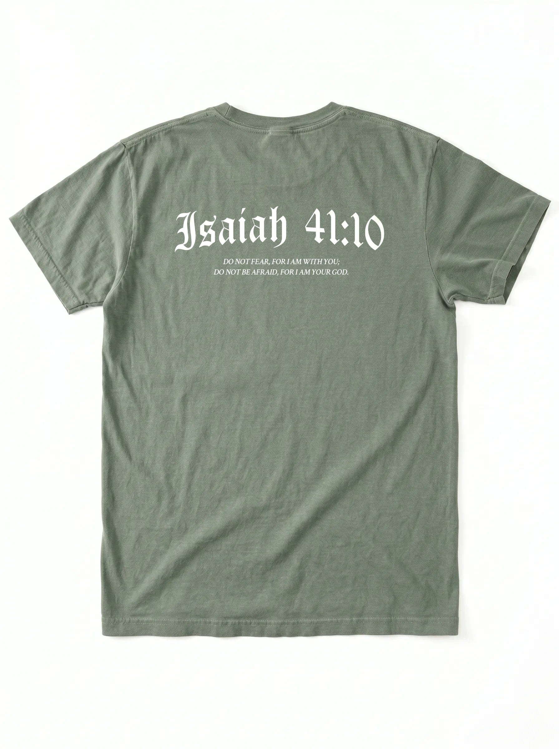 An olive green short-sleeve t-shirt shown from the back, featuring the text 'Isaiah 41:10' printed in a white gothic font with smaller text underneath.