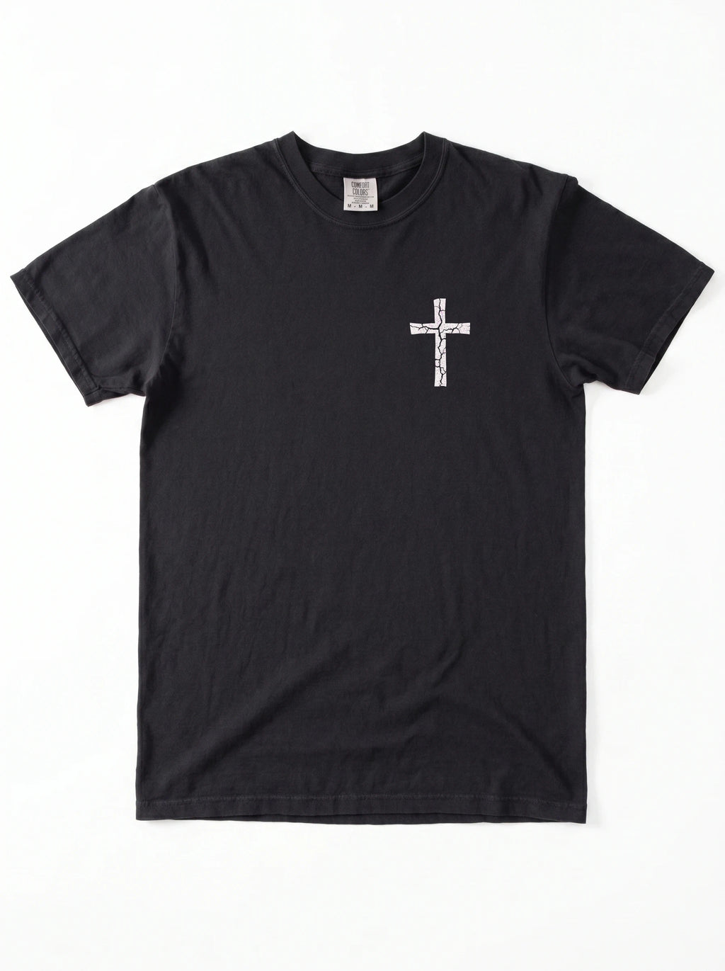 Black crewneck T-shirt with a distressed christian cross on the left side of the chest printed.