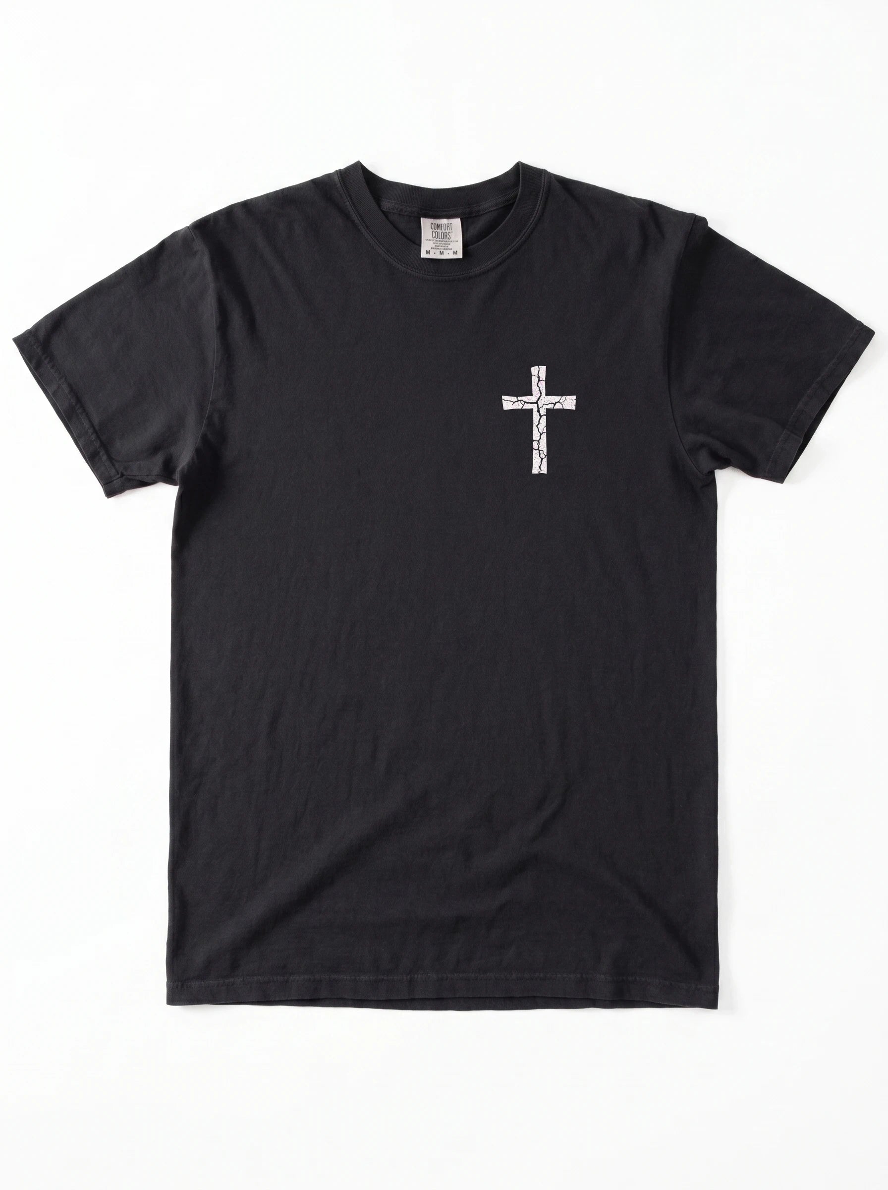 Black crewneck T-shirt with a distressed christian cross on the left side of the chest printed.