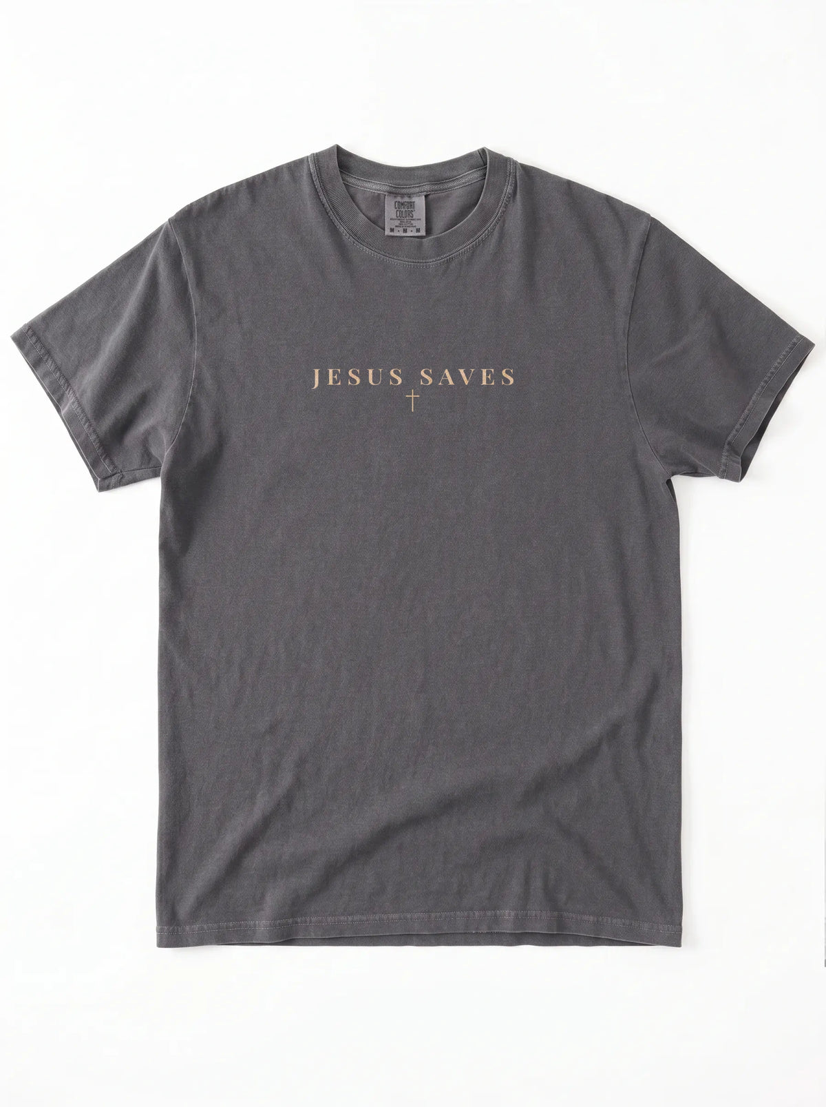 Charcoal-gray short-sleeve T-shirt laid flat on a white background, featuring beige “JESUS SAVES” text with a small cross printed below.
