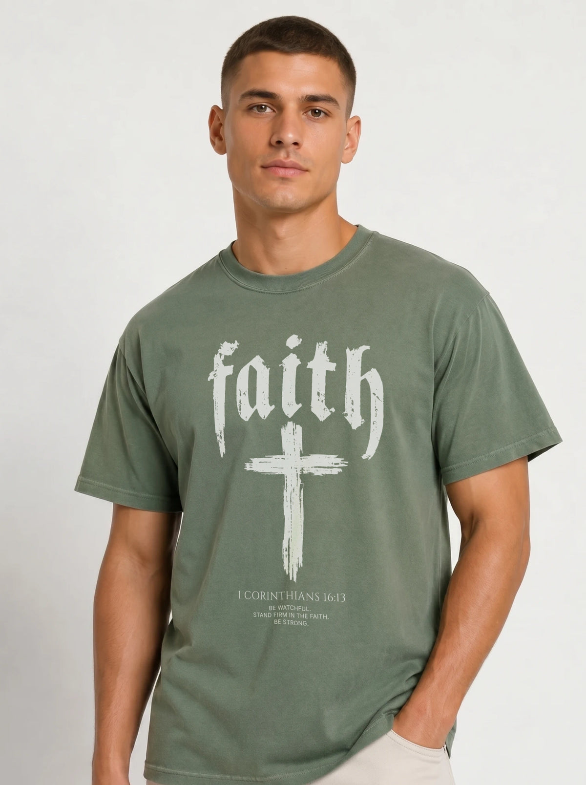 Person wearing a muted green T-shirt with “faith,” a large cross, and the text “1 Corinthians 16:13 — Be watchful. Stand firm in the faith. Be strong.”