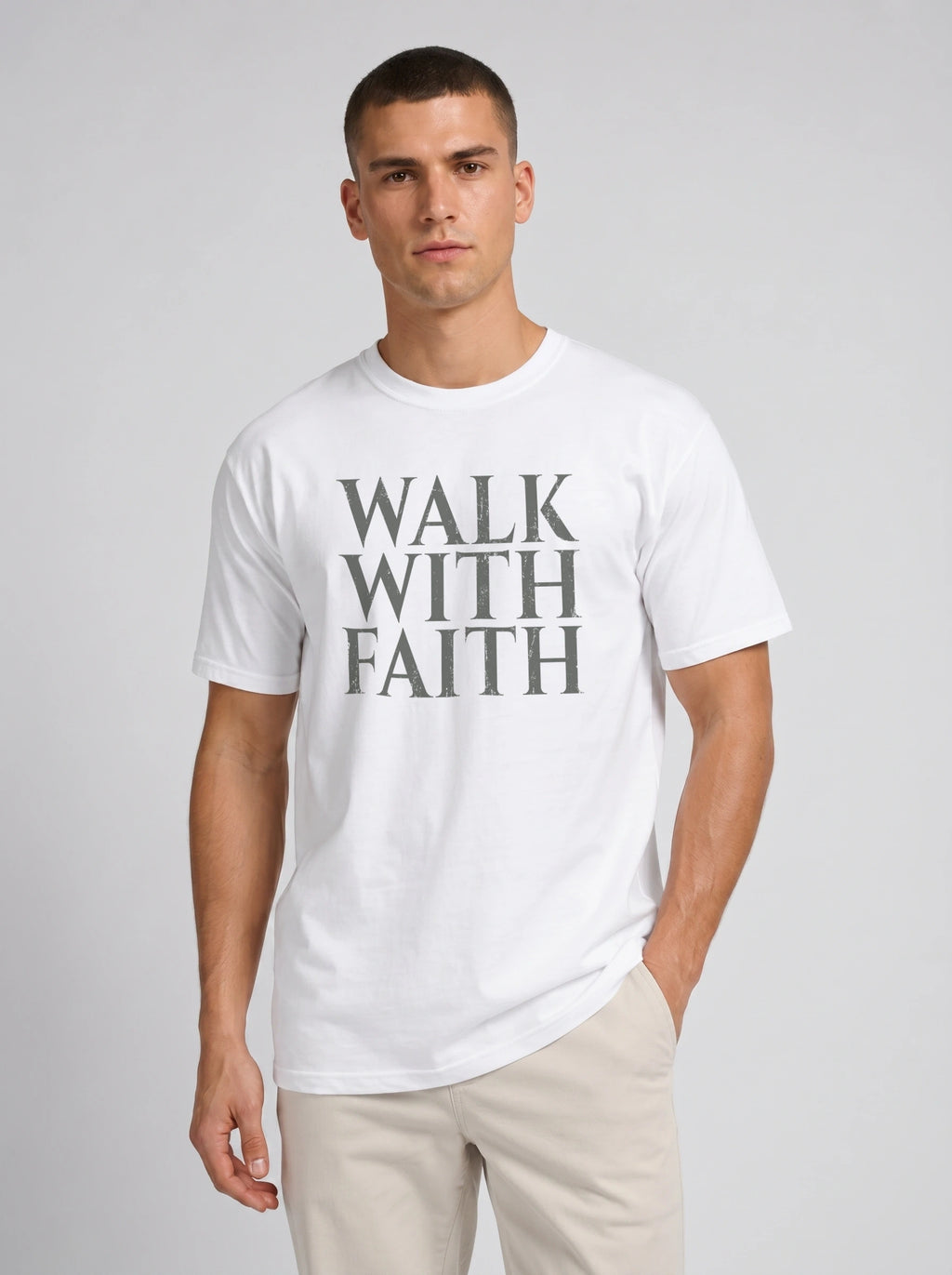 Person wearing a white T-shirt with distressed gray text reading “Walk With Faith.”