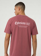 A man viewed from the back wearing a dusty rose short-sleeve t-shirt with white gothic text reading 'Ephesians 6:17' and smaller text underneath, against a light gray studio background.