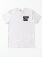 White T-shirt laid flat with a distressed chest print reading “Rooted in Christ.”