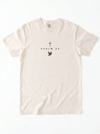 Cream T-shirt laid flat with a black cross, “PSALM 23” text, and dove graphic.
