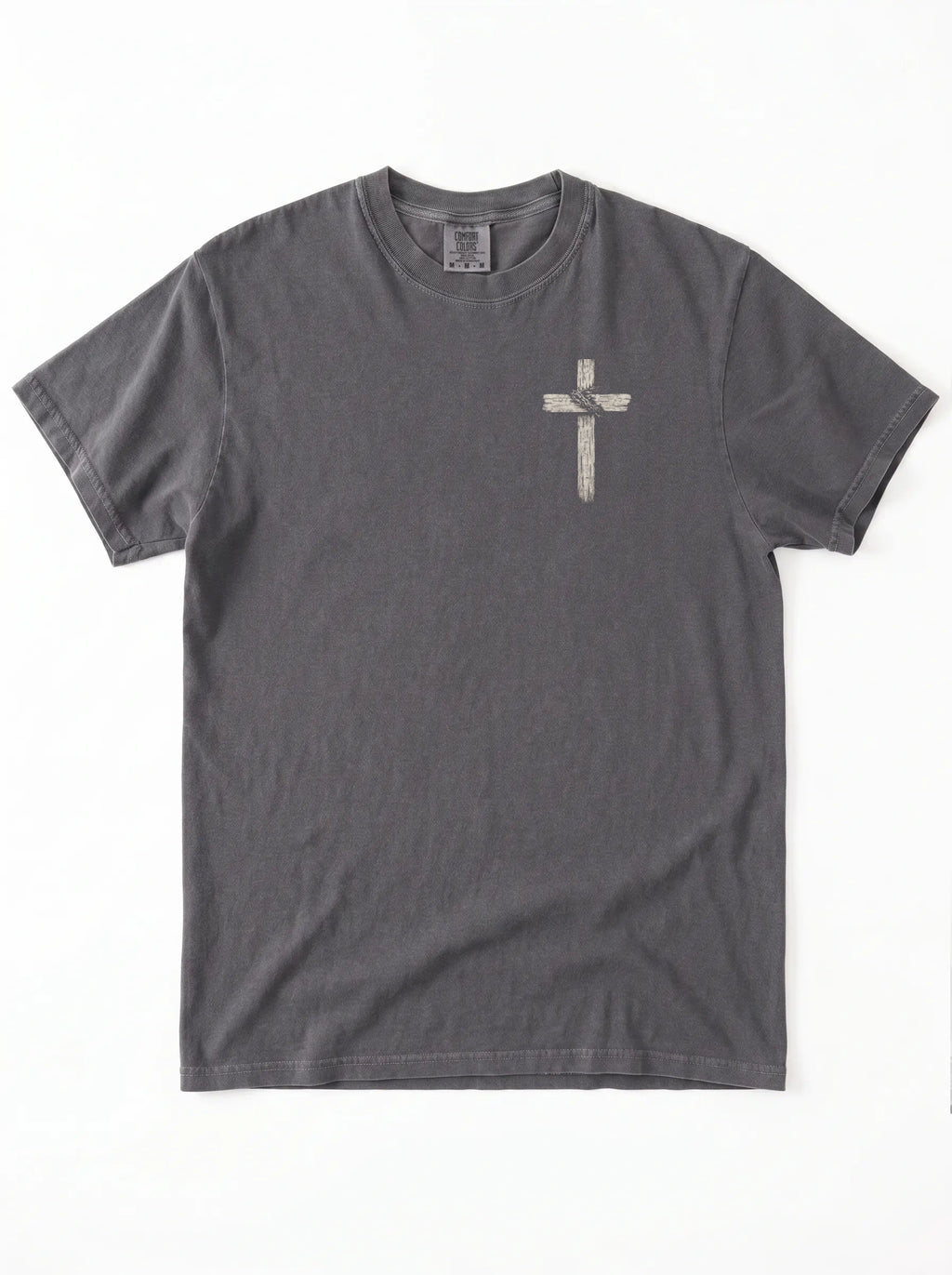 A dark gray crewneck t-shirt with a distressed off-white Christian cross graphic on the left chest, displayed flat against a white background.
