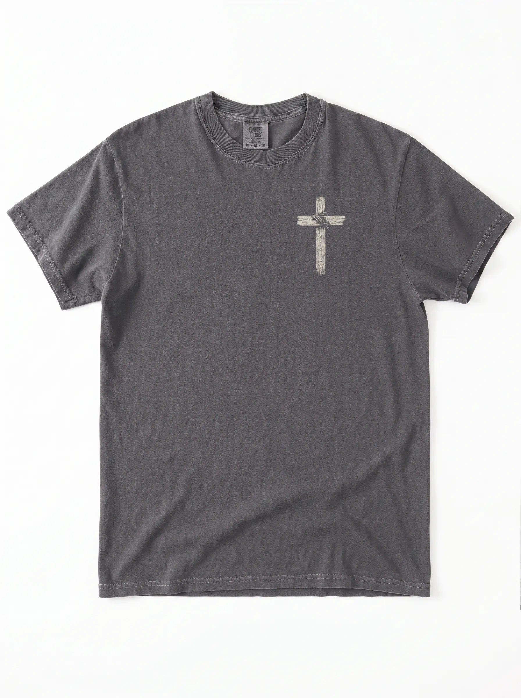 A dark gray crewneck t-shirt with a distressed off-white Christian cross graphic on the left chest, displayed flat against a white background.