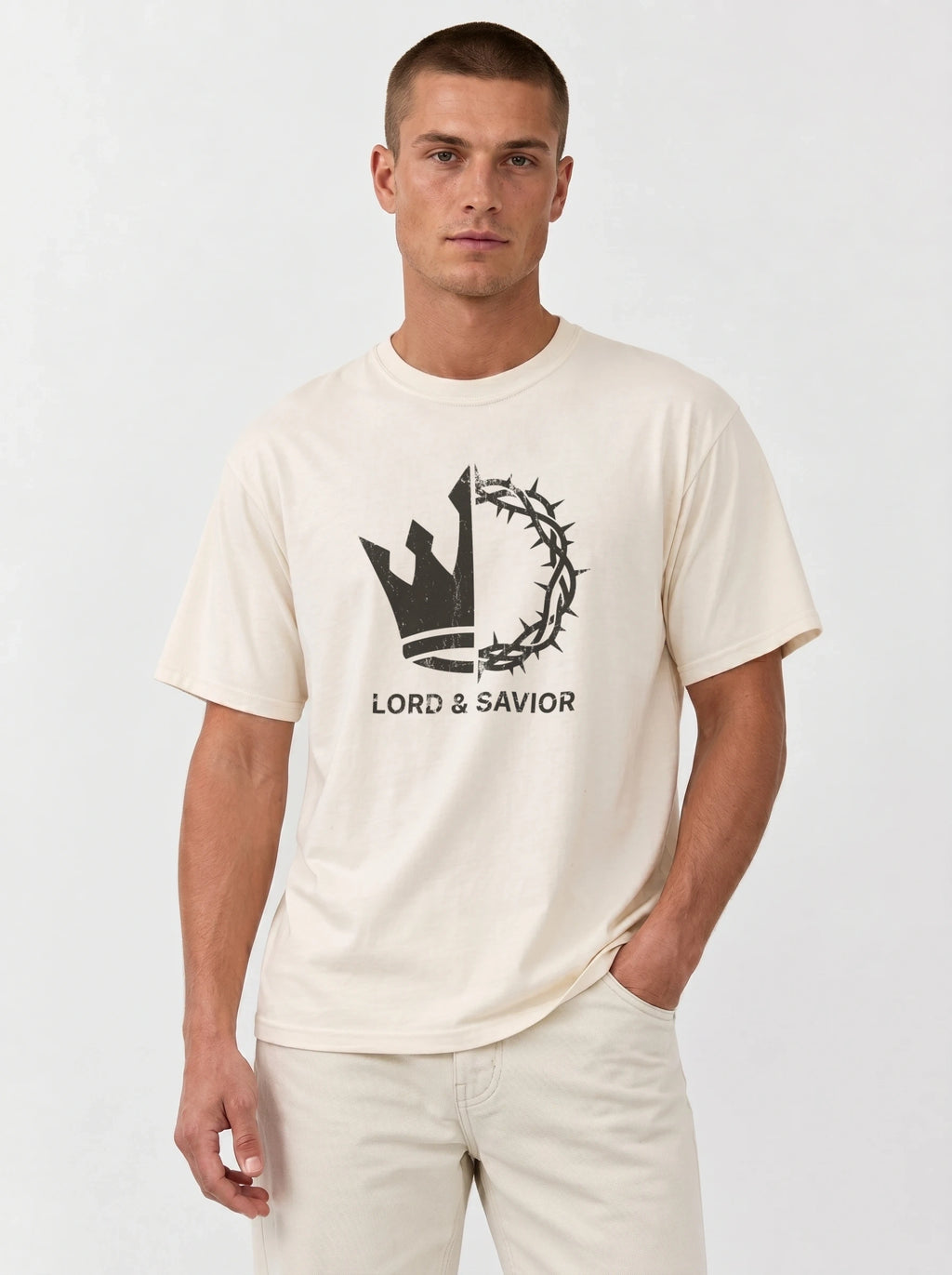 A man wearing a cream-colored t-shirt with a black graphic of a crown of thorns and the text 'LORD & SAVIOR' printed on the chest, paired with matching cream pants, against a light gray studio background.