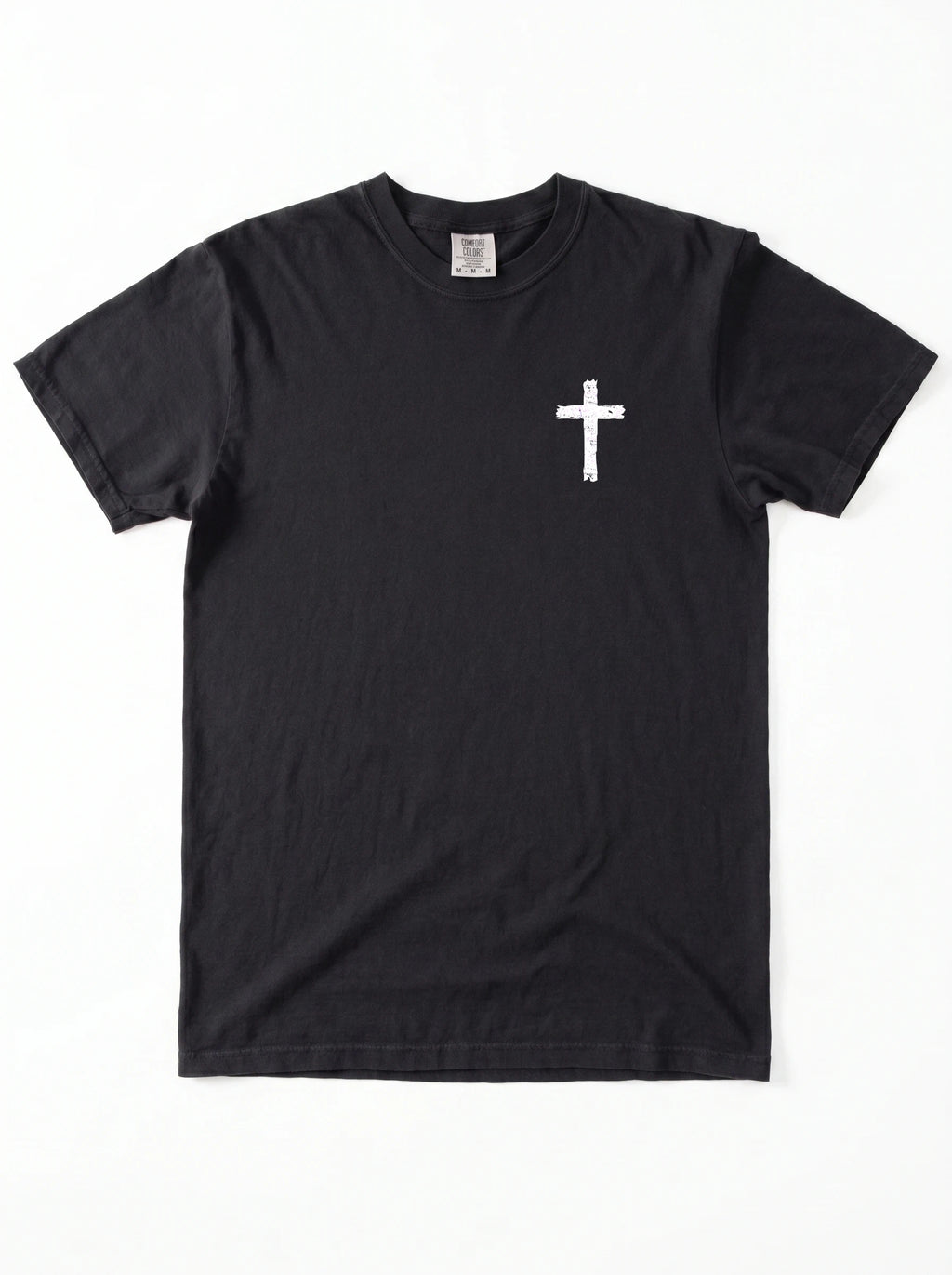 A black short-sleeve crewneck t-shirt with a small white distressed cross printed on the left chest, displayed flat against a white background.