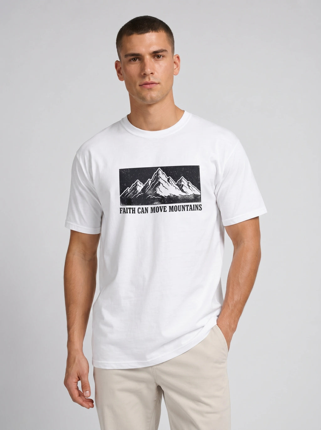 A man wearing a white crewneck t-shirt with a black graphic of mountains and the text 'FAITH CAN MOVE MOUNTAINS' printed on the chest, paired with beige pants, against a light gray studio background.