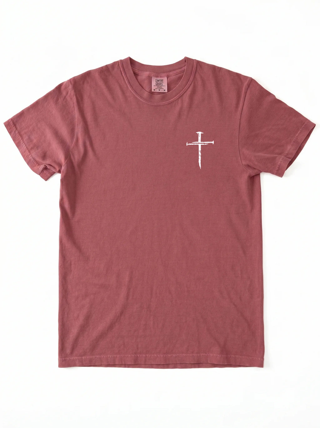 A dusty rose short-sleeve crewneck t-shirt with a small white cross graphic on the left chest, displayed flat against a white background.