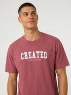 A man wearing a heathered dusty rose t-shirt with 'CREATED With A Purpose' printed in white on the chest, photographed against a light gray studio background.
