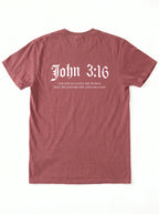 A dusty rose short-sleeve t-shirt shown from the back, featuring the text 'John 3:16' in a white gothic font with a bible verse printed underneath.
