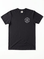 A black short-sleeve crewneck t-shirt with a distressed white cross graphic on the left chest, displayed flat against a white background.