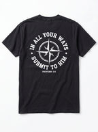 A black short-sleeve t-shirt shown from the back, featuring a white circular graphic with a compass rose and the text 'IN ALL YOUR WAYS SUBMIT TO HIM' along with 'PROVERBS 3:6'.