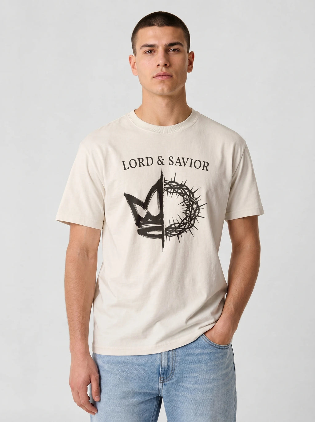 A man wearing a cream-colored t-shirt with a black graphic of a crown of thorns and the text 'LORD & SAVIOR' on the front, paired with light blue jeans, against a light gray background.