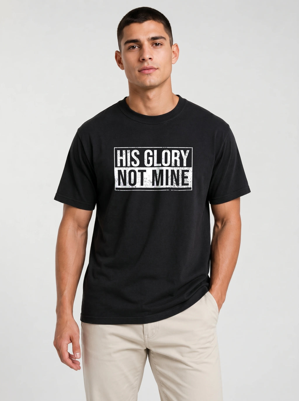 Man wearing black Comfort Colors t-shirt with His Glory Not Mine Christian graphic tee