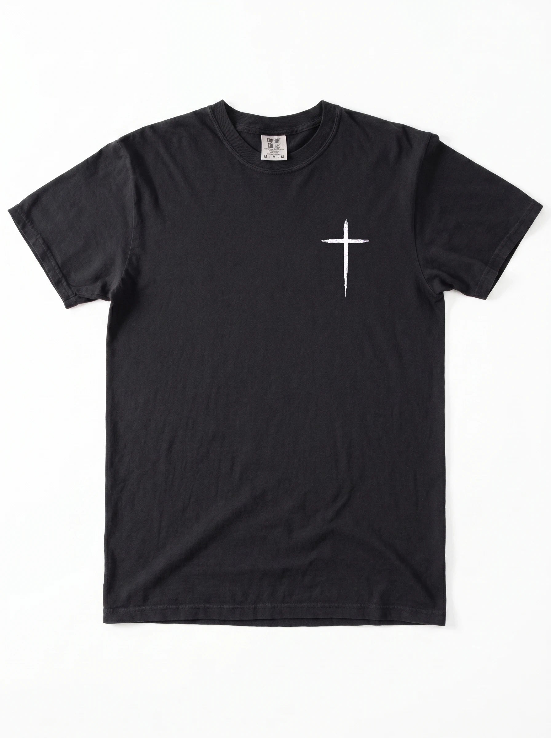 A black short-sleeve crewneck t-shirt with a small white cross printed on the left chest, displayed flat against a white background.